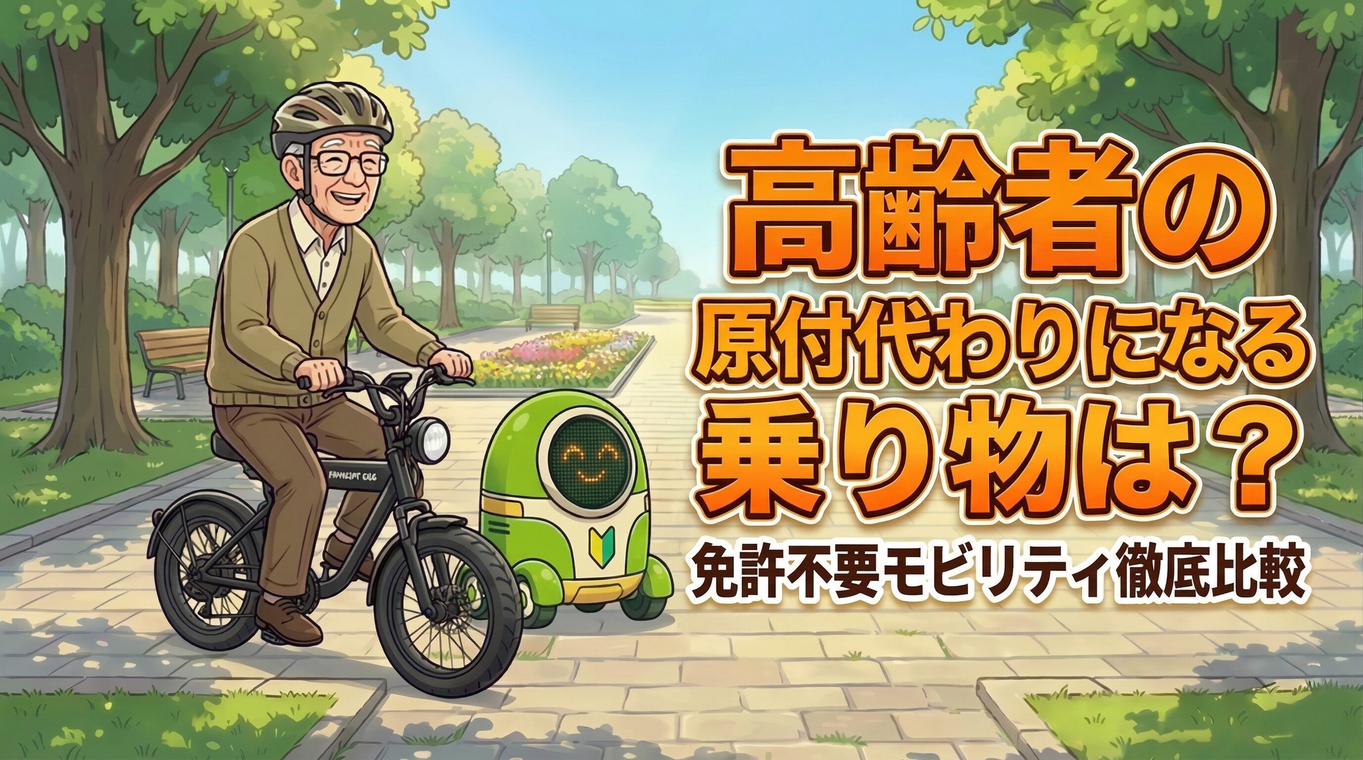 「高齢者の原付代わりになる乗り物は？ 免許不要モビリティ徹底比較」というテキストと共に、ヘルメットを着用した高齢男性が公園で小型の電動モビリティ（自転車型）に乗っているイラスト。横には初心者マークを付けた緑色の小型ロボットが描かれている。