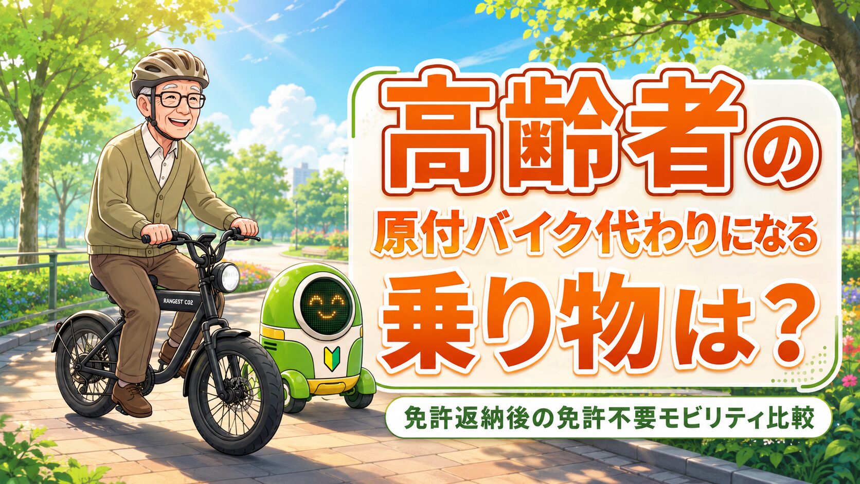 「高齢者の原付代わりになる乗り物は？ 免許不要モビリティ徹底比較」というテキストと共に、ヘルメットを着用した高齢男性が公園で小型の電動モビリティ（自転車型）に乗っているイラスト。横には初心者マークを付けた緑色の小型ロボットが描かれている。