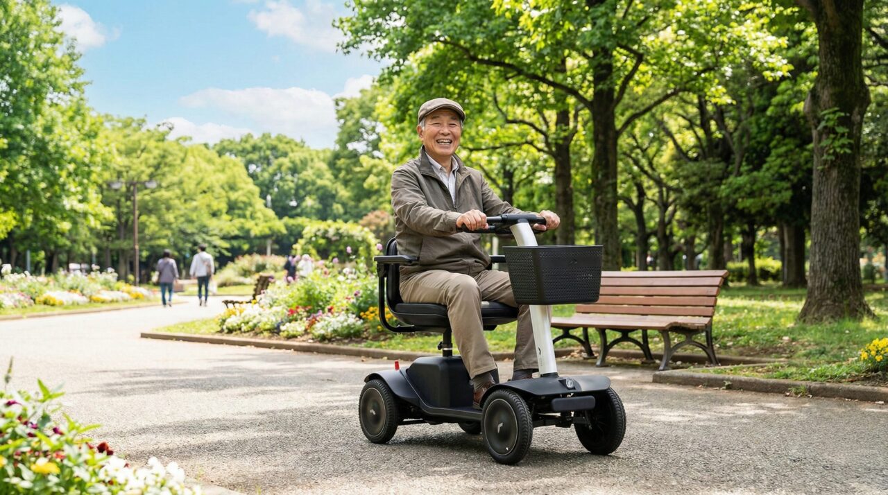 公園で電動車いすに乗る笑顔の男性