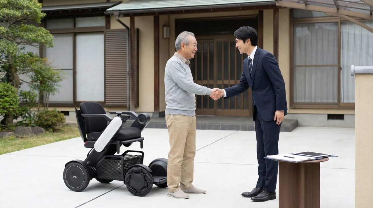 和風の家の前で高齢男性とスーツの男性が笑顔で握手 電動車椅子が手前にある