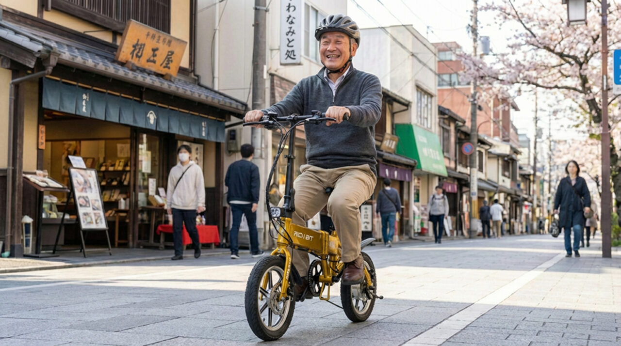 桜並木のある道を笑顔で電動自転車に乗るヘルメットをかぶった男性