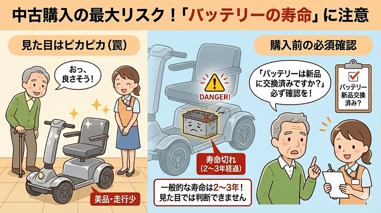 中古電動カートのバッテリー寿命に関する注意喚起イラスト