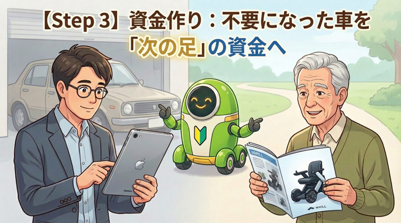 不要になった車を売却して新しい移動手段の資金を作るイラスト