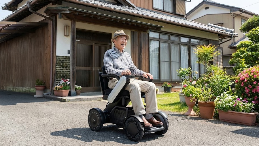電動車椅子に乗って笑顔を見せる高齢男性
