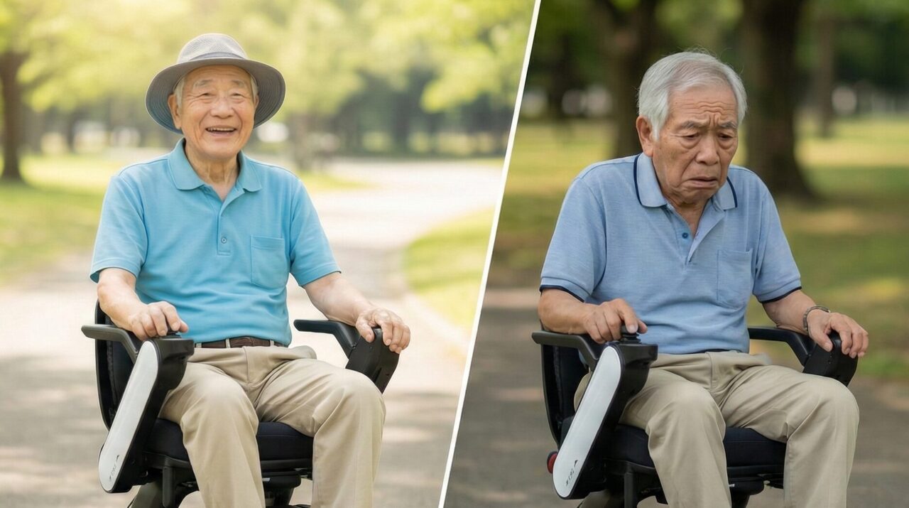 電動車いすに乗る高齢者の笑顔と不安顔の比較写真