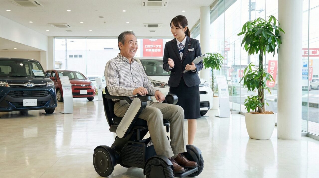 笑顔の男性が電動車椅子に試乗し女性店員が説明する自動車販売店の様子