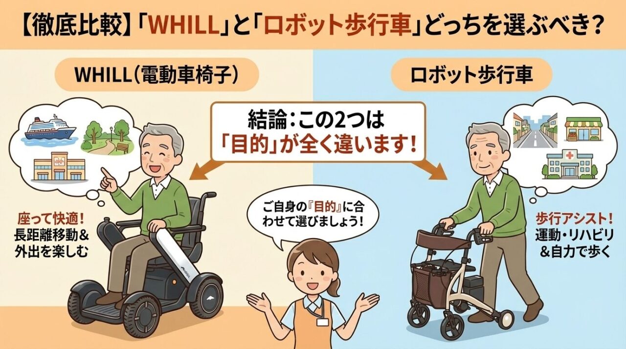 電動車椅子とロボット歩行車の比較イラスト