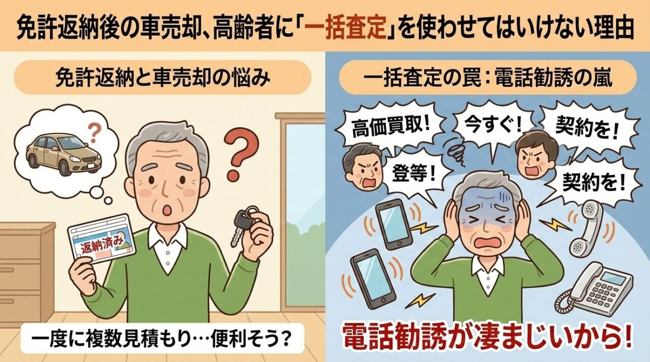 免許返納後の高齢者の車売却に関する注意喚起イラスト