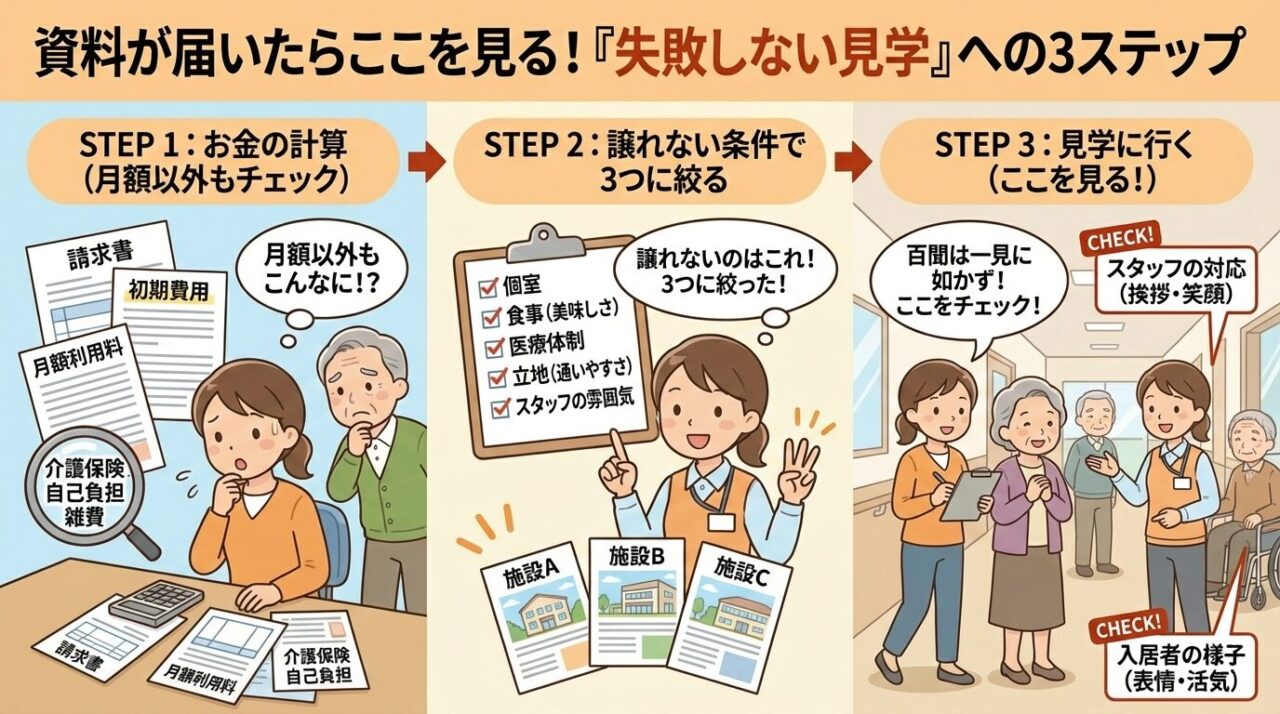老人ホーム見学で失敗しないための3つのステップを紹介するイラスト