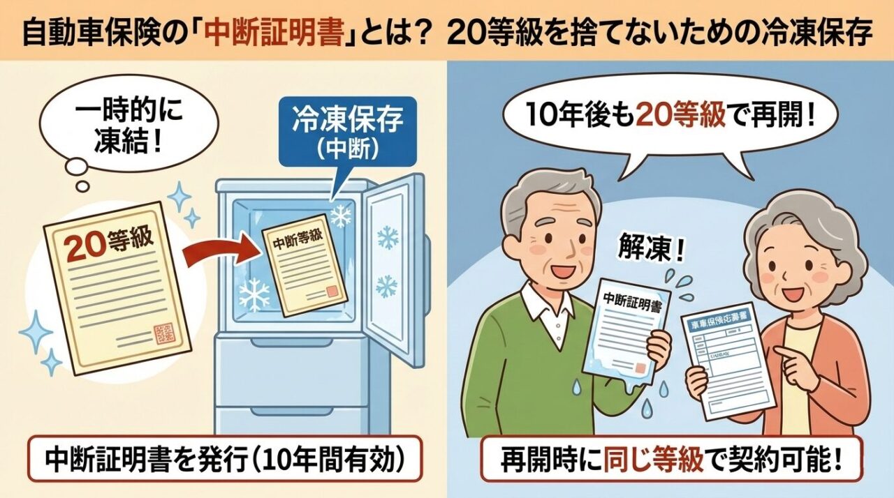 自動車保険の中断証明書とは?20等級を「冷凍保存」して一時的に凍結し、10年後に再開できる仕組みを図解。現在の等級を維持するメリットを冷蔵庫のイラストで表現。