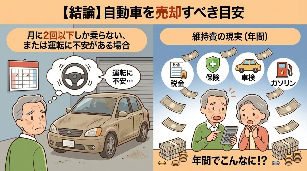 自動車を売却すべき目安。月に2回以下の使用頻度や運転への不安、多額の年間維持費を説明する図解