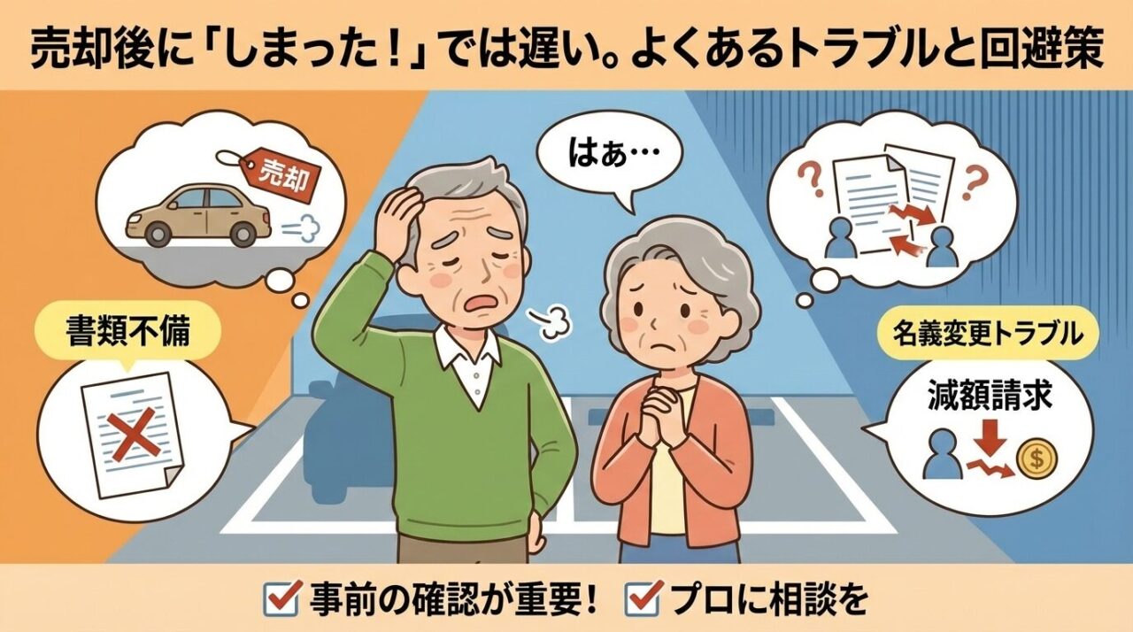 車売却後のトラブル（書類不備、名義変更、減額請求）と回避策を説明するイラスト。