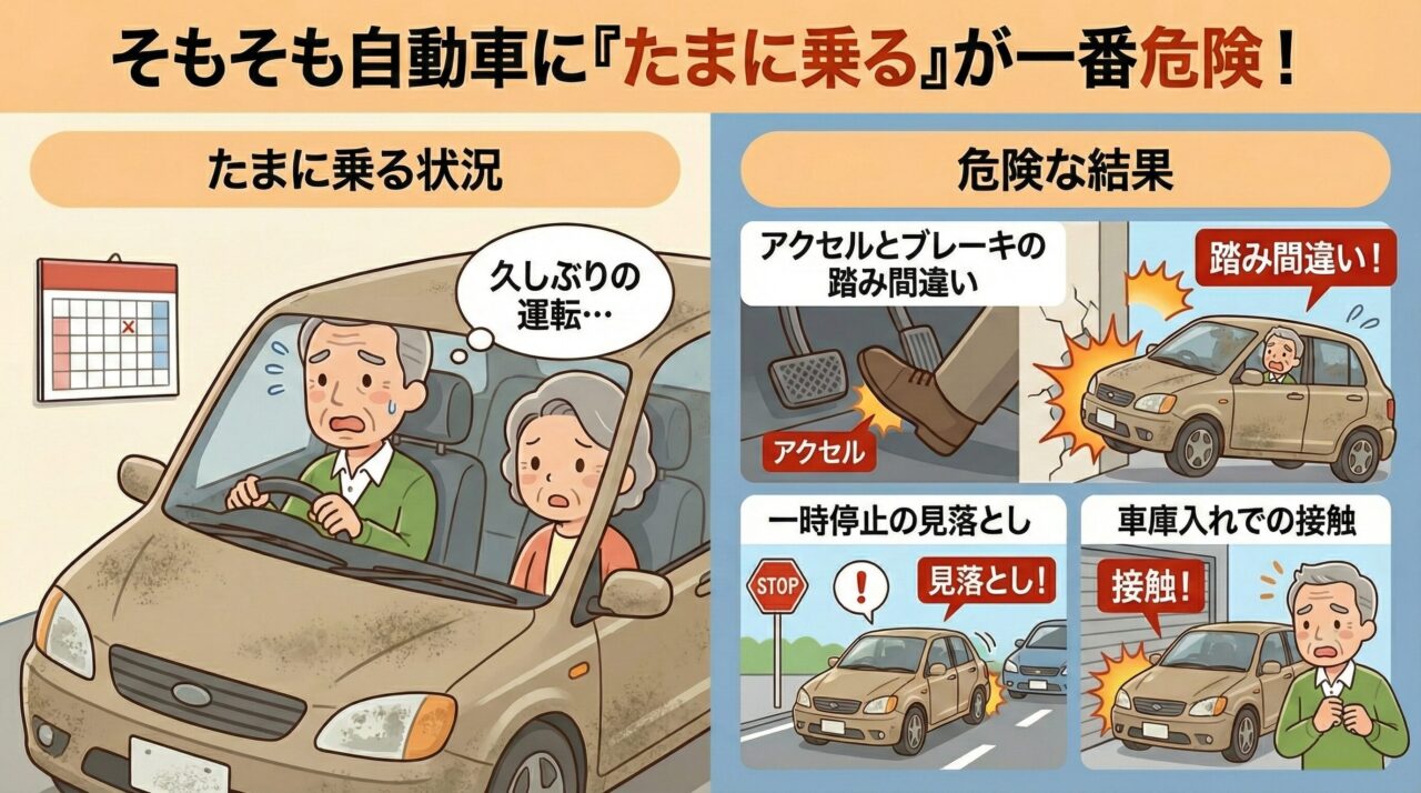 たまにしか乗らない運転の危険性。アクセルとブレーキの踏み間違い、一時停止見落とし、車庫入れ接触のイラスト