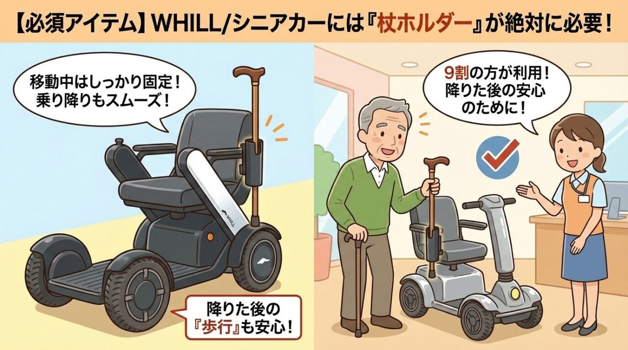 WHILLシニアカーの杖ホルダー紹介イラスト