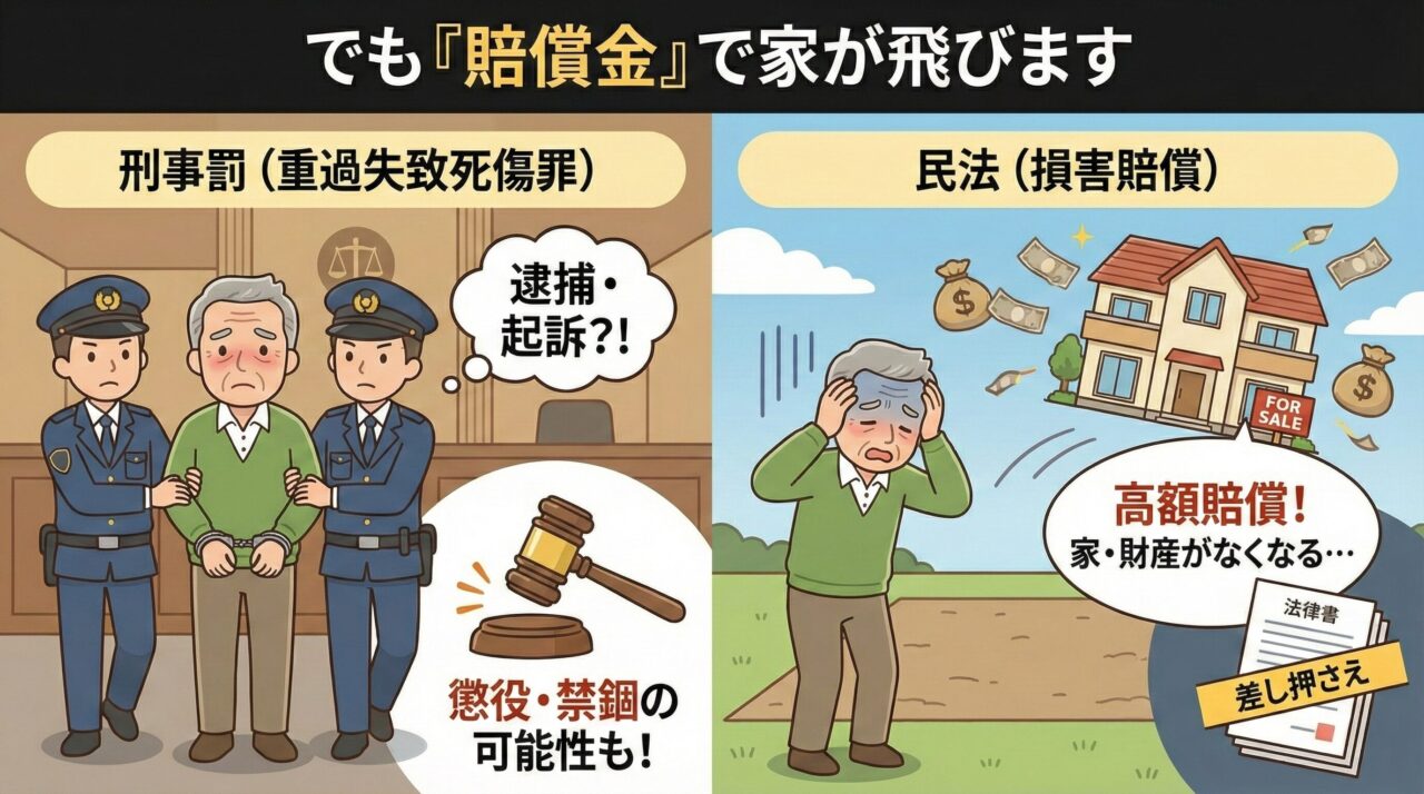 賠償金で家がなくなる刑事罰と民法の比較図