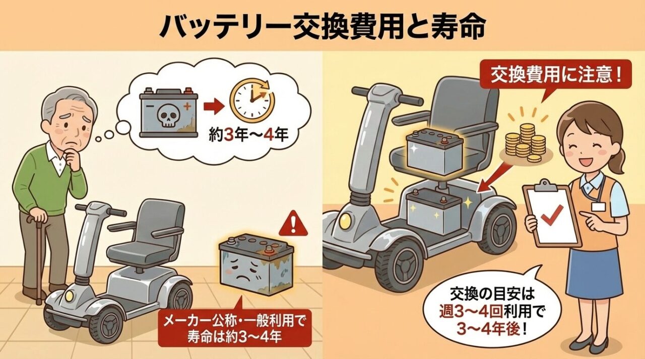 電動カートのバッテリー交換費用と寿命の比較図