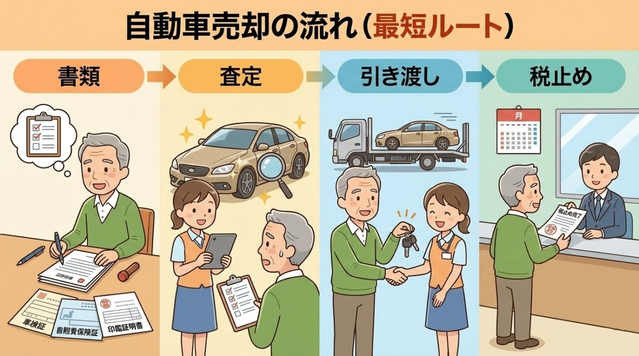 自動車売却の最短ルート（書類準備、査定、引き渡し、税止め）を4ステップで解説した図解。