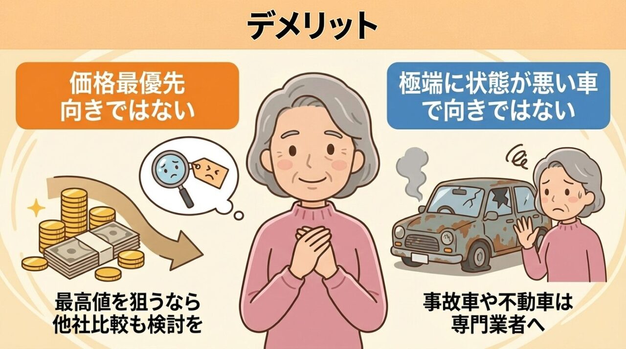 車買取カルモくんのデメリット（価格最優先や極端に状態が悪い車には不向き・減額なしの方針とのトレードオフ）