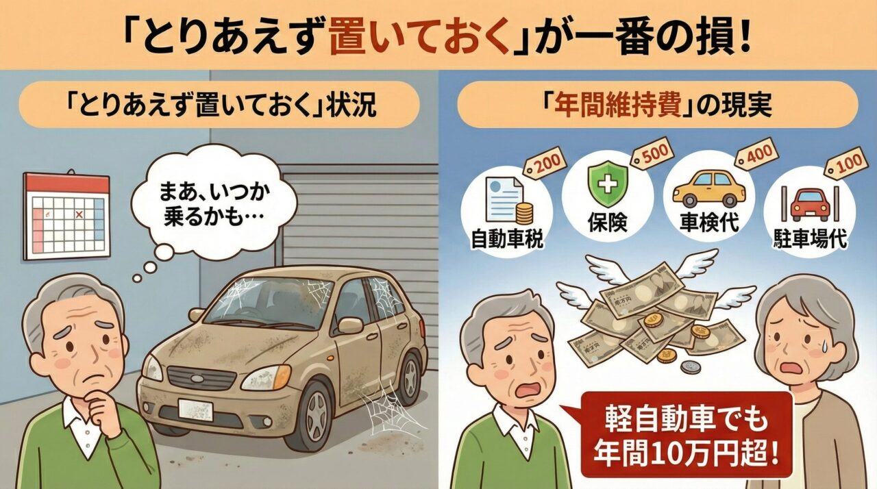 車をとりあえず置いておくことによる金銭的損失。軽自動車でも年間維持費が10万円以上かかる現実の解説図