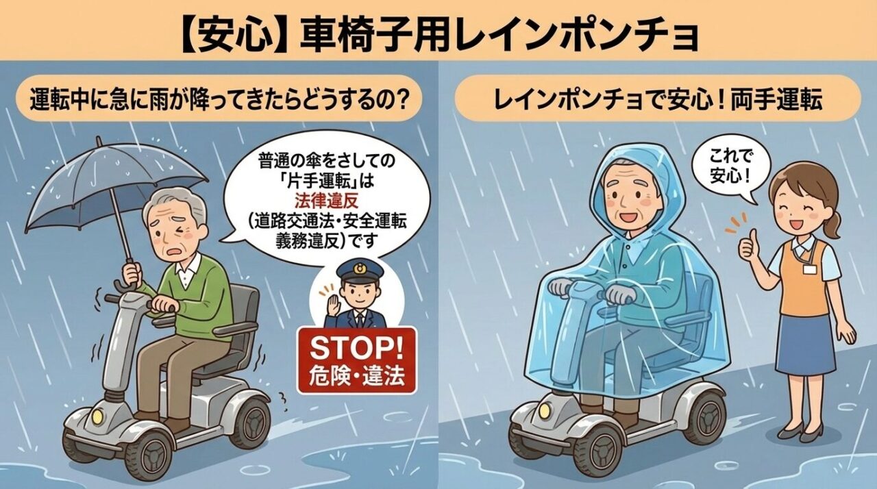 車椅子用レインポンチョ紹介イラスト