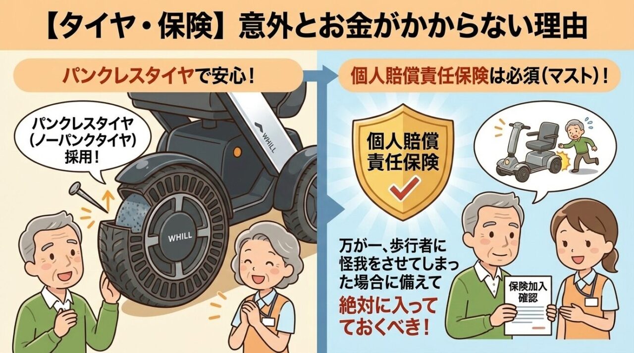 パンクしないタイヤと個人賠償責任保険を紹介するイラスト