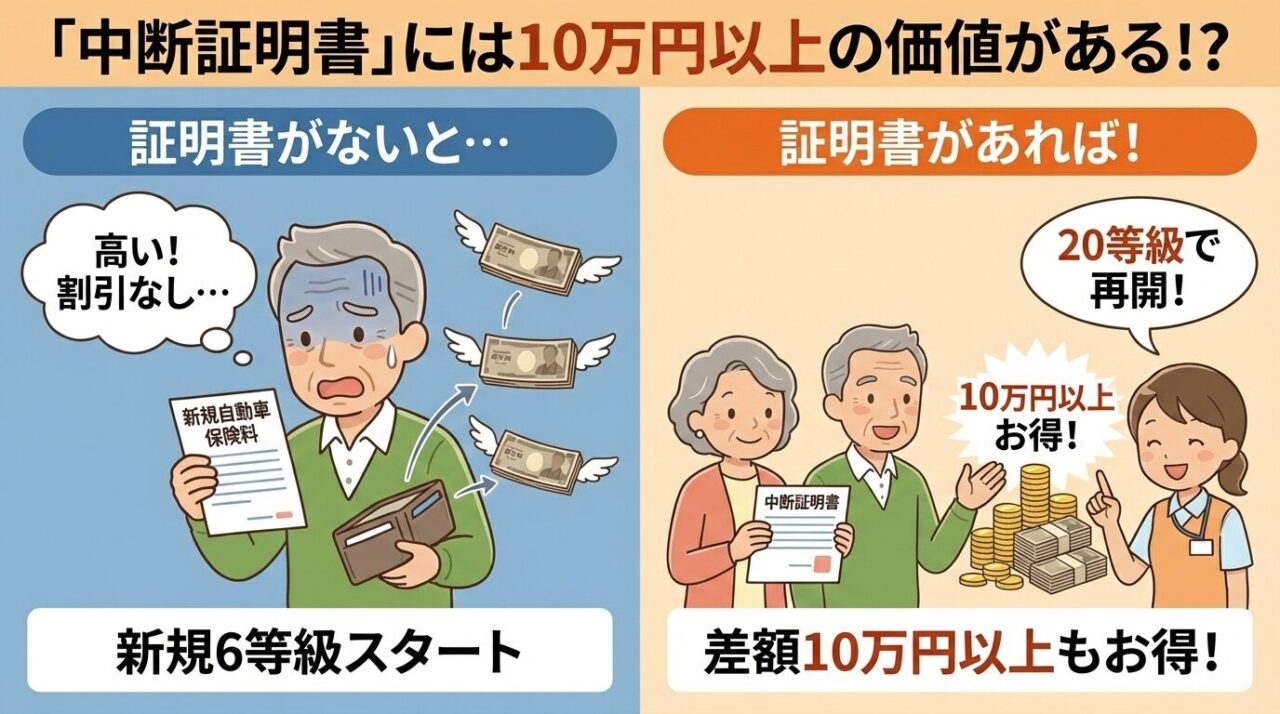 中断証明書の金銭的価値の比較図。証明書がない場合の新規6等級スタート(割高)と、ある場合の20等級再開(10万円以上お得)の保険料差額をイラストで比較。