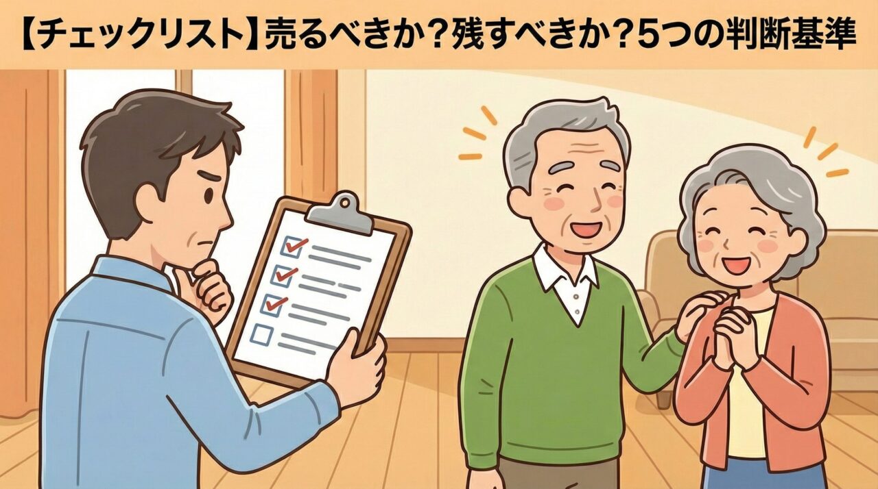親の車を売るべきか残すべきか5つの判断基準を専門家と相談してチェックしているイラスト