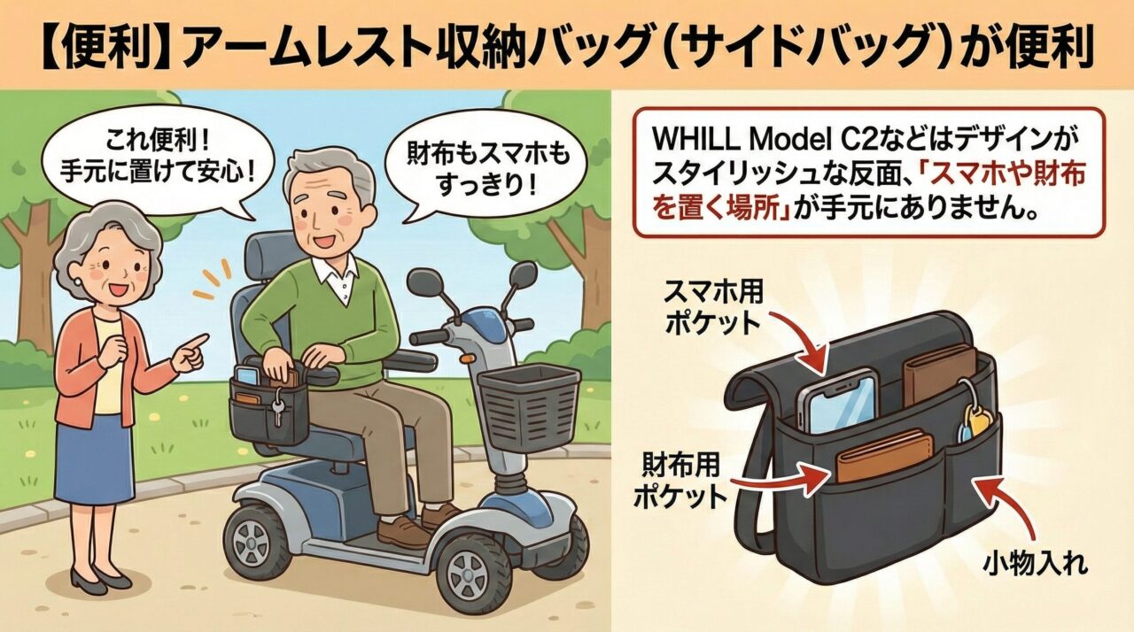 電動カート用アームレスト収納バッグの説明図