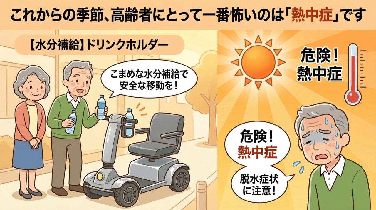 高齢者向け熱中症対策啓発画像 電動カートにドリンクホルダー