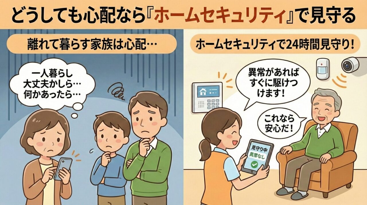 ホームセキュリティで離れて暮らす家族を見守るイラスト