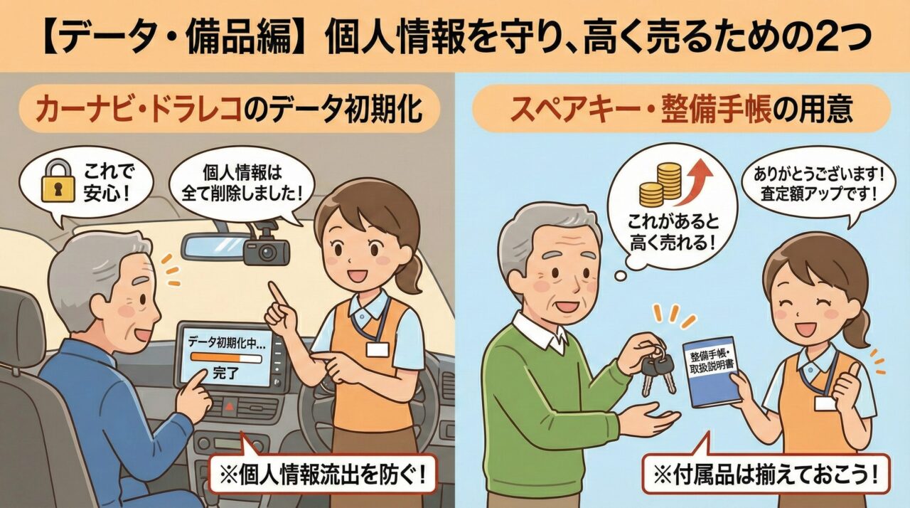 データ・備品編：カーナビ・ドラレコのデータ初期化とスペアキー・整備手帳の準備を解説する画像。