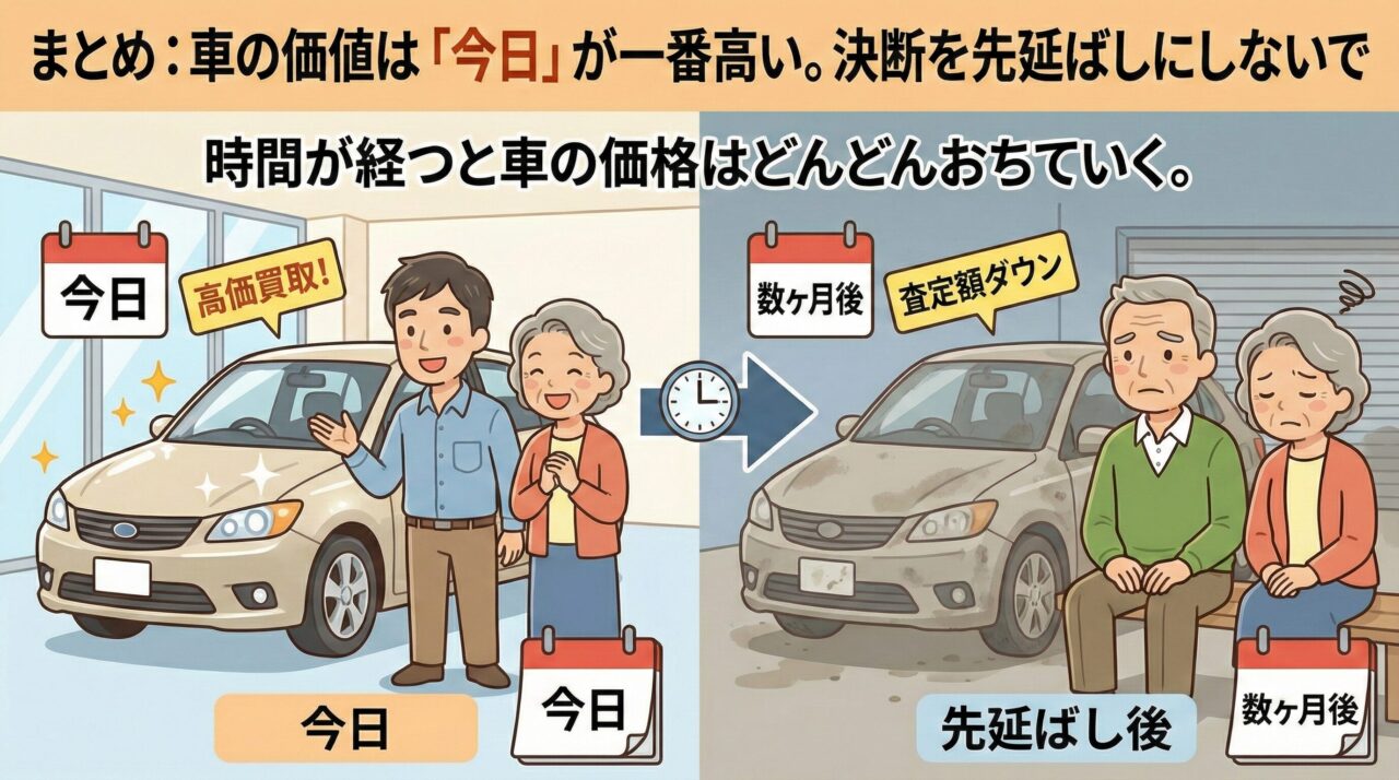車の価値は今日が一番高いというまとめ。時間が経つと査定額が下がるリスクを「今日」と「数ヶ月後」で比較