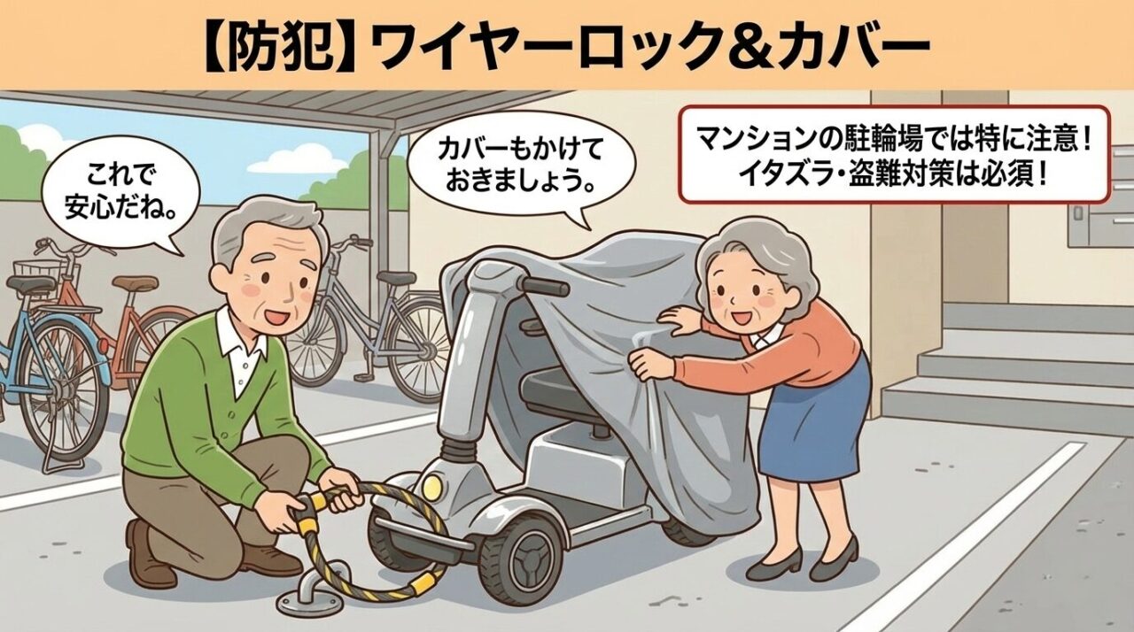 電動車椅子をワイヤーロックで固定しカバーをかける夫婦のイラスト