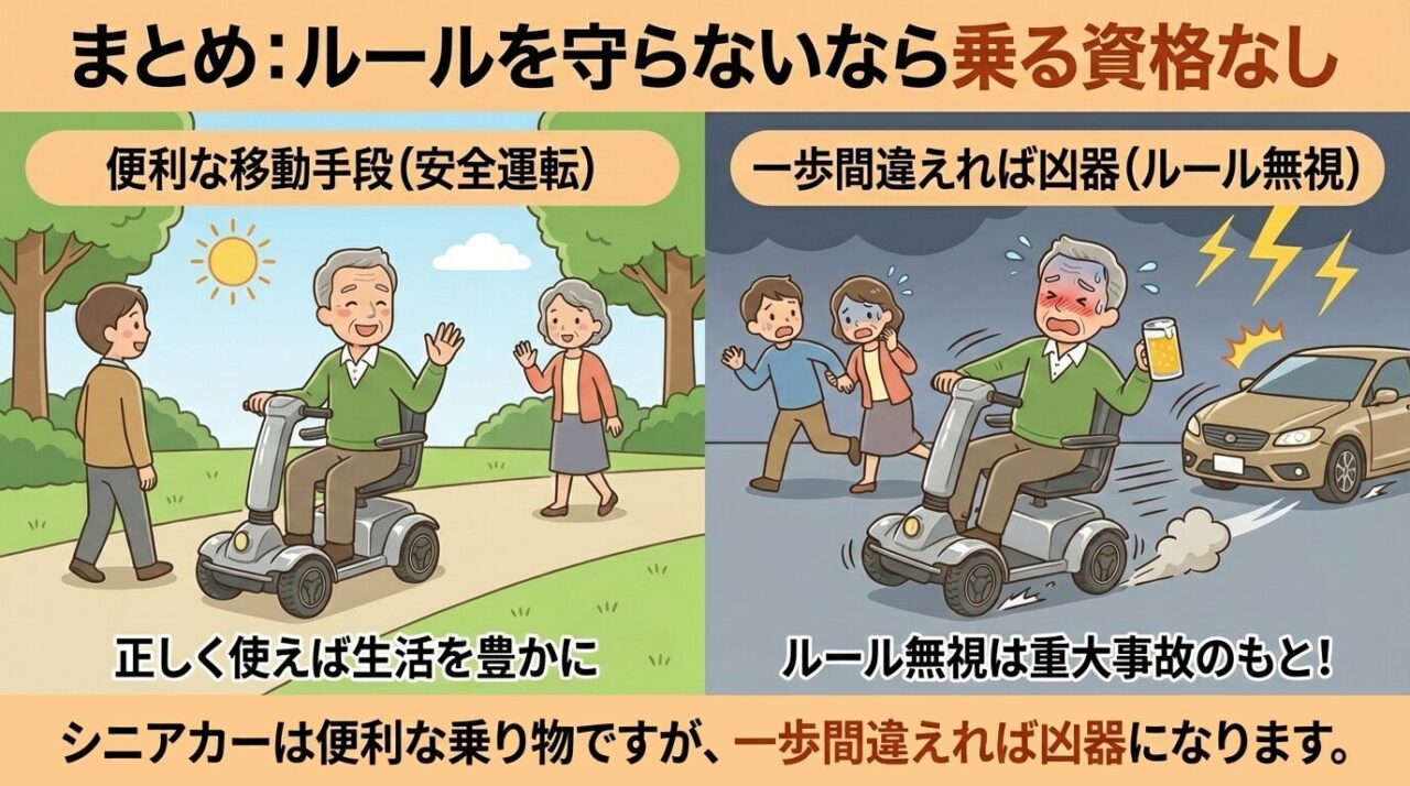 シニアカーの安全運転と危険運転の比較イラスト