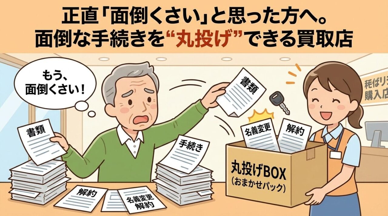 面倒な書類手続きや名義変更を丸投げできる「おまかせパック」を紹介するイラスト。

