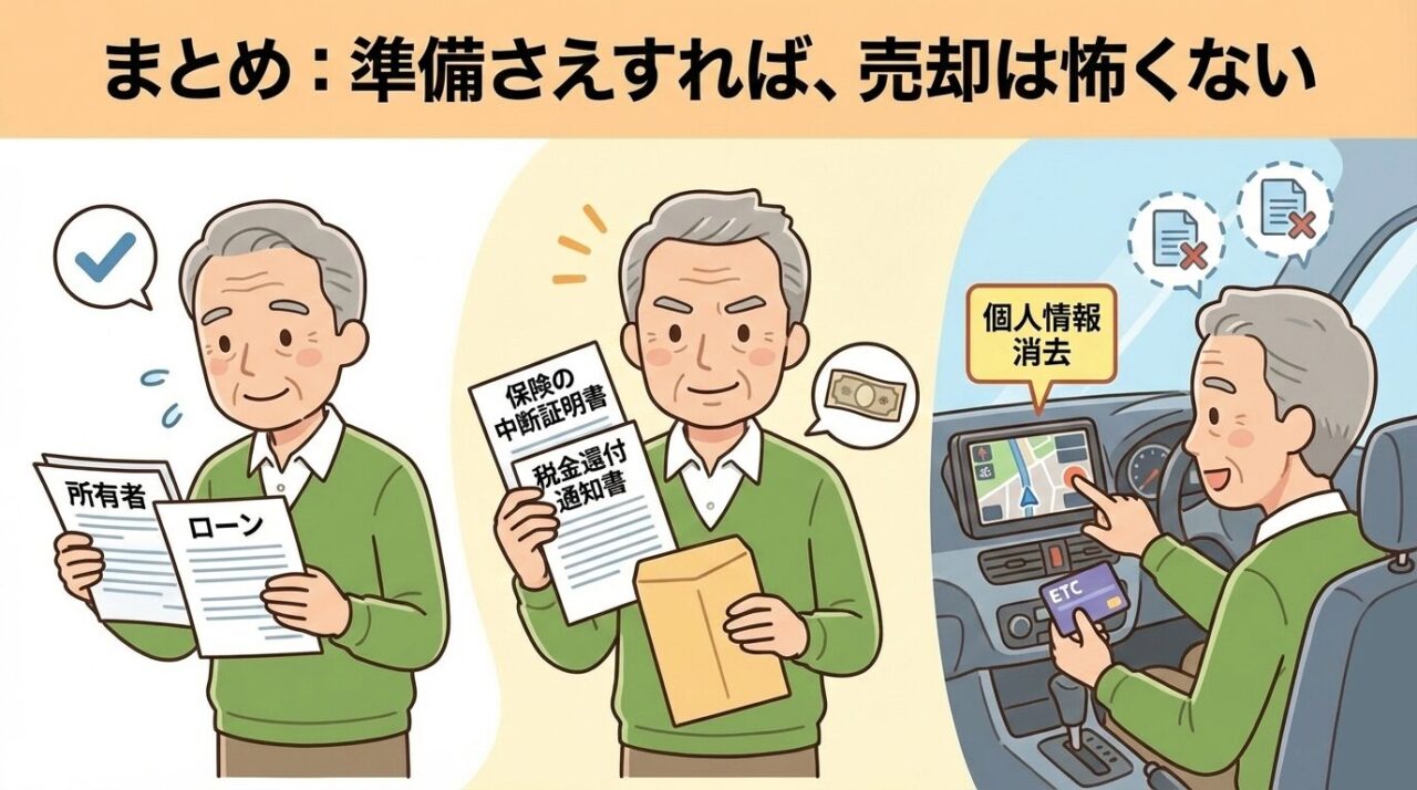 まとめ：所有者・ローンの確認、保険・税金の書類、個人情報消去の重要性を振り返る画像。