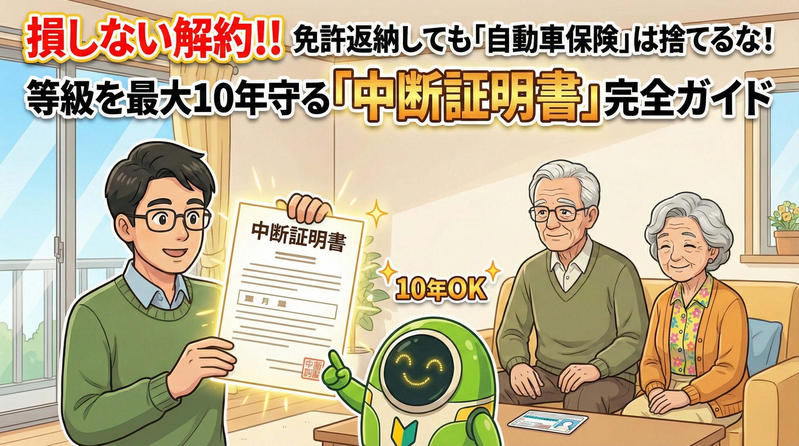 【損しない解約】免許返納や廃車時に自動車保険の等級を最大10年守る「中断証明書」完全ガイドのアイキャッチ。20等級の維持を喜ぶ家族と解説ロボットのイラスト。