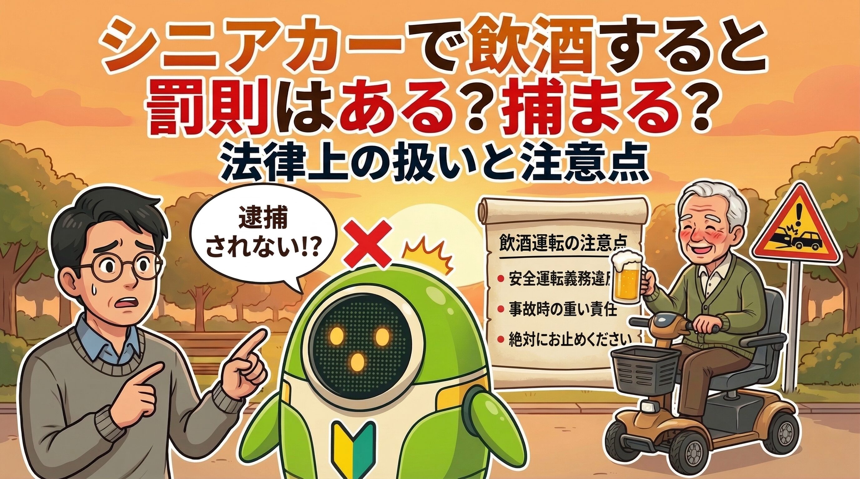 シニアカー（電動カート）での飲酒運転の罰則と法律上の注意点を解説するアイキャッチ画像。上部に「シニアカーで飲酒すると罰則はある？捕まる？ 法律上の扱いと注意点」のタイトル。不安な男性、初心者マークのロボット、ビールを飲むおじいさんがシニアカーに乗り、注意点のスクロール紙と事故標識がある。高齢者の安全運転と法律解説に最適。