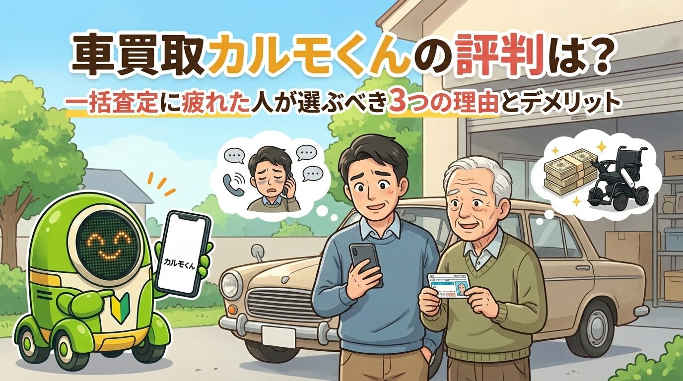 アイキャッチ画像：車買取カルモくんの評判は？一括査定に疲れた人が選ぶべき3つの理由とデメリット（高齢者・親の代理手続き向け）