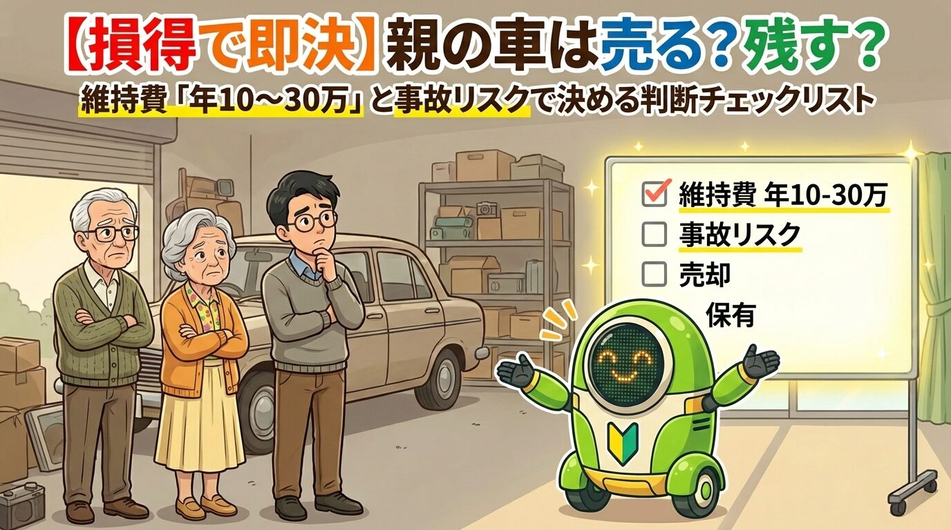 親の車を売るか残すかの判断基準チェックリスト。年間維持費10〜30万と事故リスクについて解説するイラスト