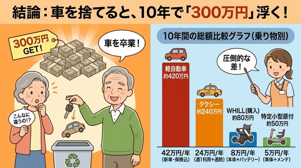 車の維持費と他の移動手段との10年間総額比較グラフ