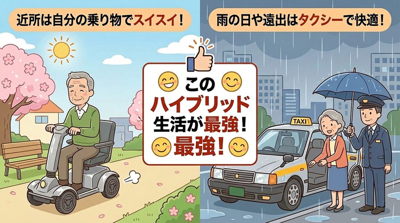 近所は乗り物、雨の日はタクシーの生活が最強というイラスト