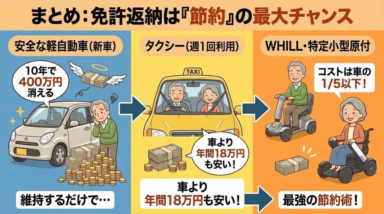 免許返納で節約できる金額を軽自動車、タクシー、電動車椅子の3パターンで比較した図