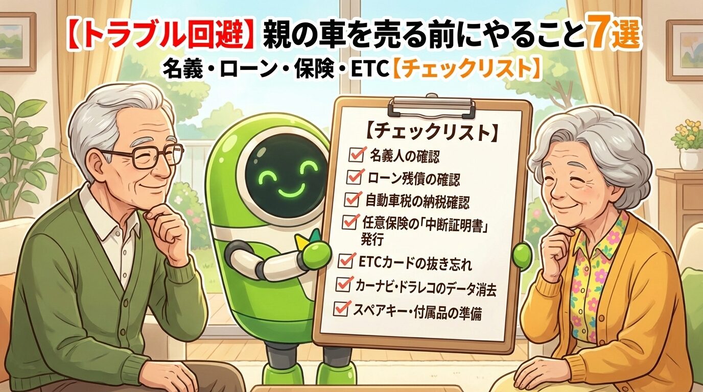 【トラブル回避】親の車を売る前にやること7選のチェックリストを掲げるロボットと老夫婦の画像。