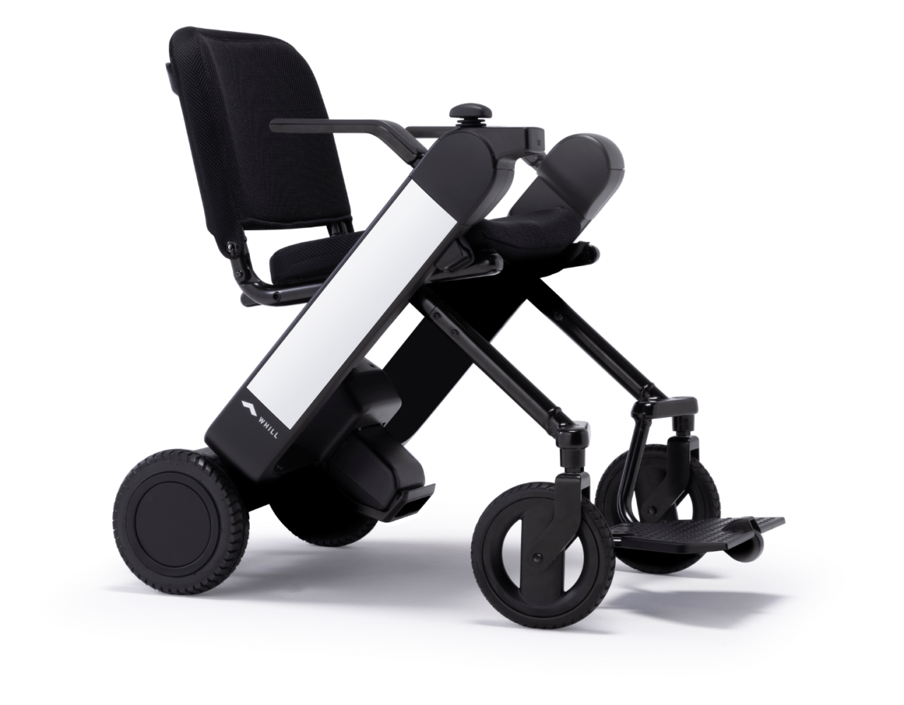WHILL Model F（モデル エフ）。折りたたみが可能な軽量電動車椅子。電車やバス、飛行機などの公共交通機関や、車のトランクへの収納に適したコンパクトな設計。
