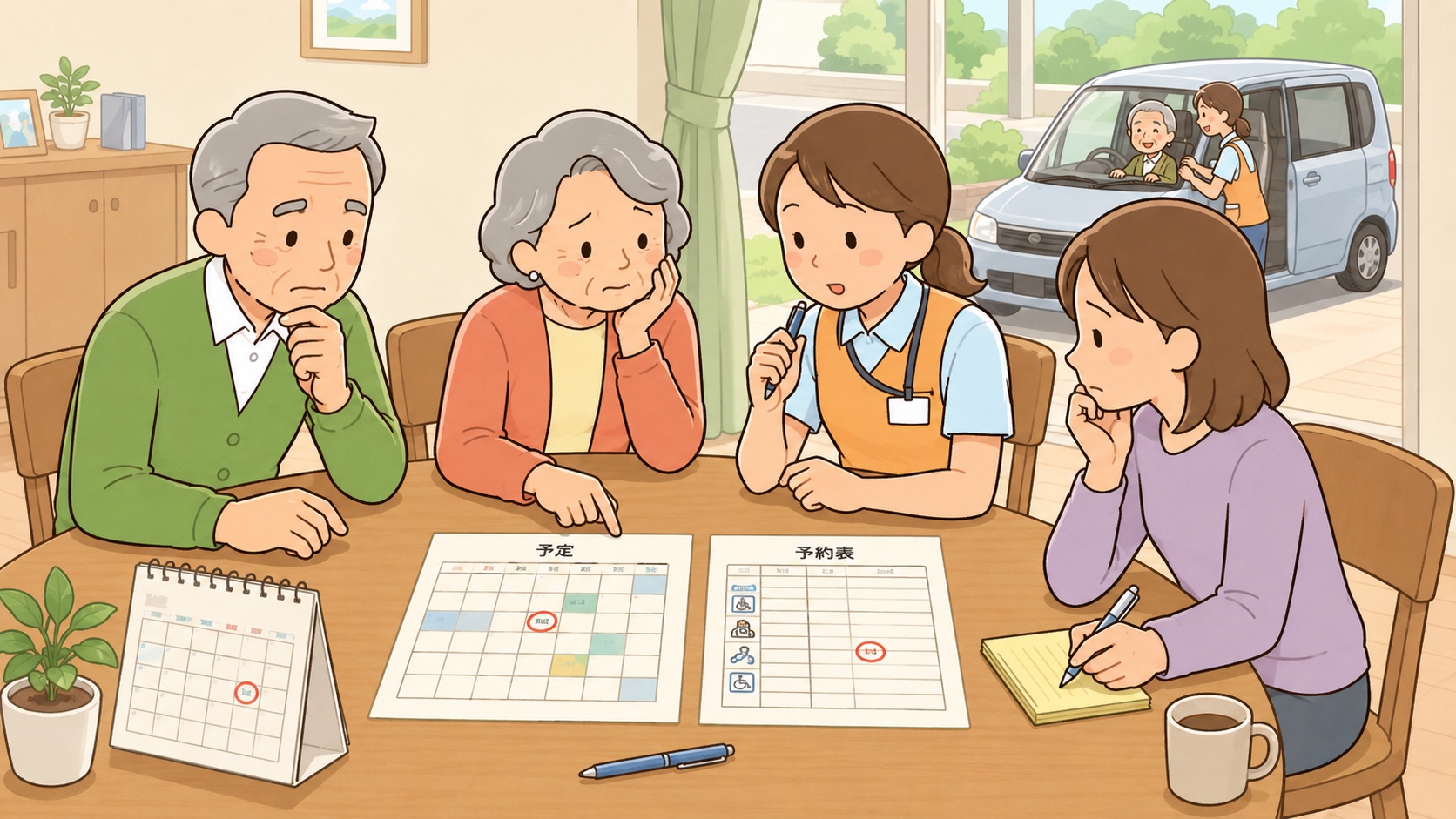 親の通院送迎と仕事の予定を調整する家族のイラスト