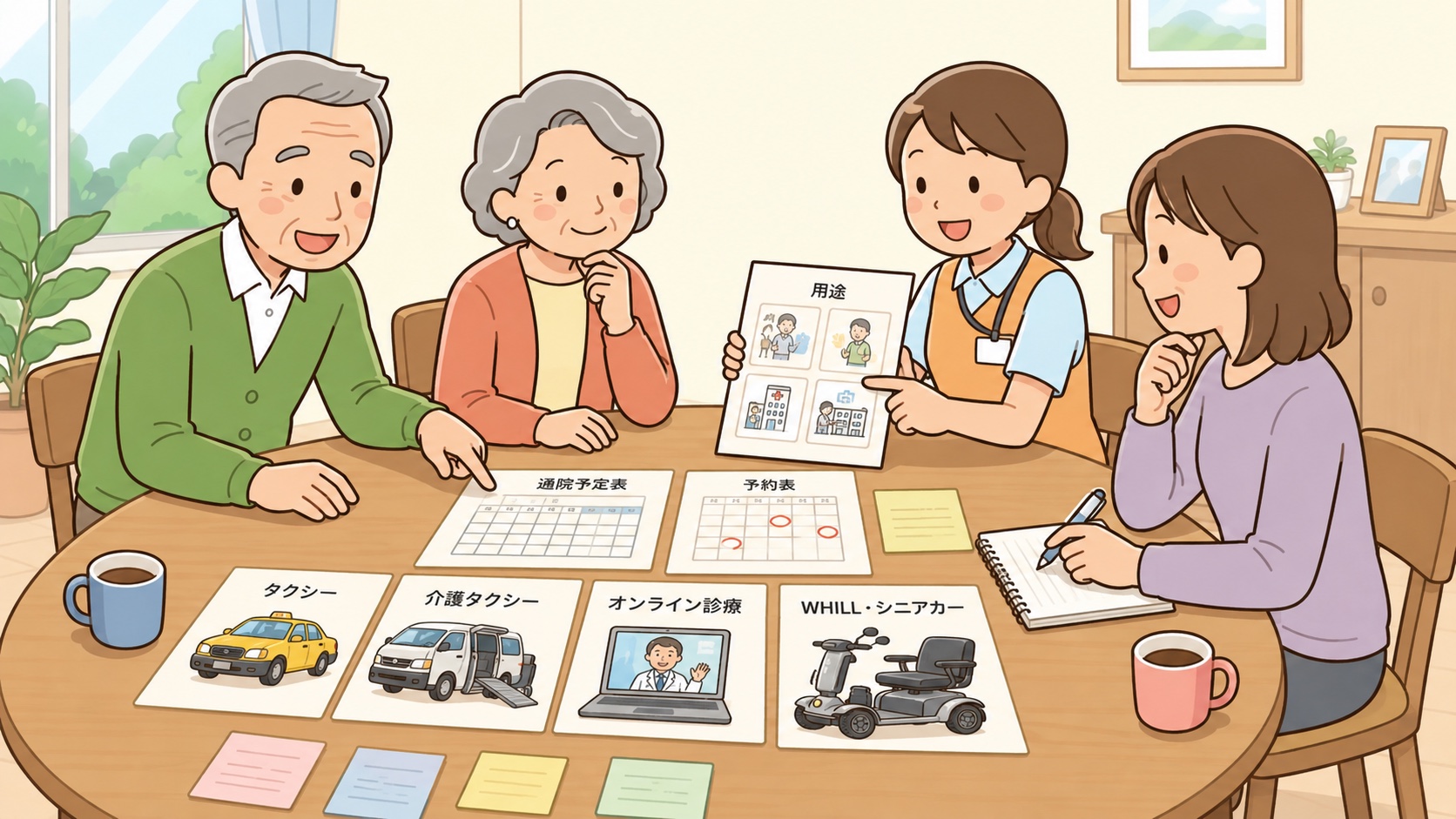 免許返納後の通院予定と移動手段を家族で整理しているイラスト