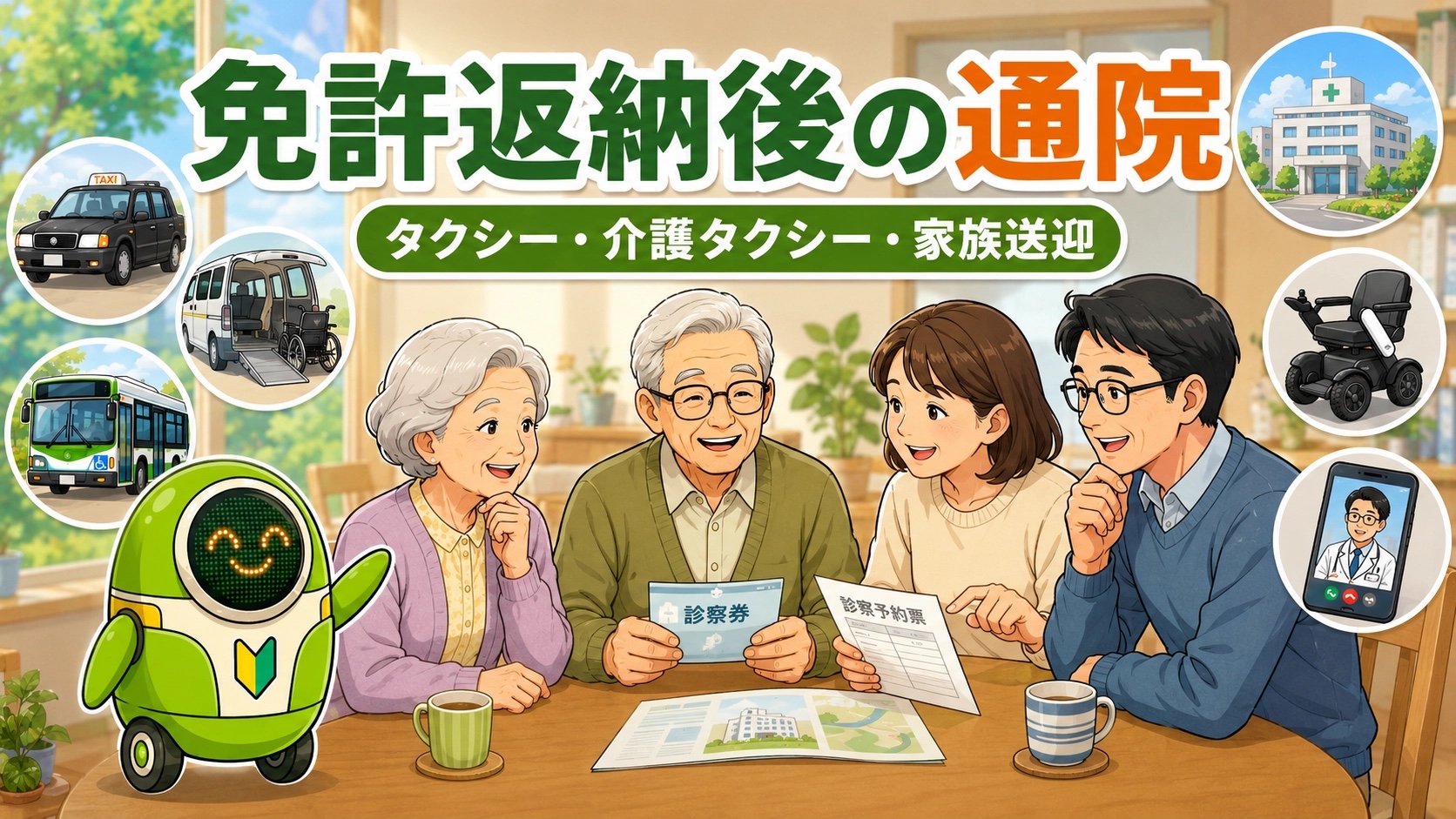 免許返納後の通院手段についてタクシーや介護タクシーや家族送迎を家族で相談する高齢の親のイラスト