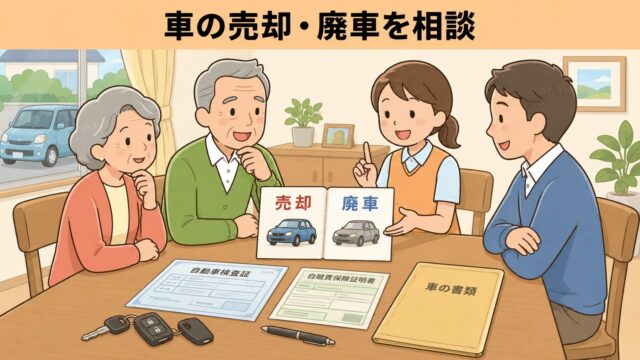 免許返納後に車の書類や鍵を確認して売却や廃車を相談する高齢の親と家族のイラスト