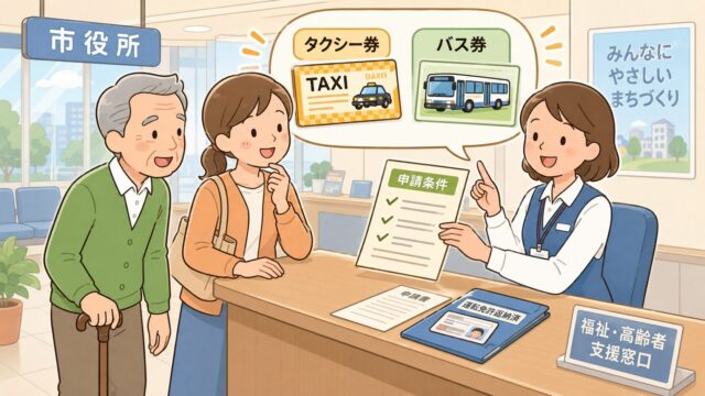 市役所の窓口でタクシー券やバス券の申請条件を確認する高齢の親と家族のイラスト